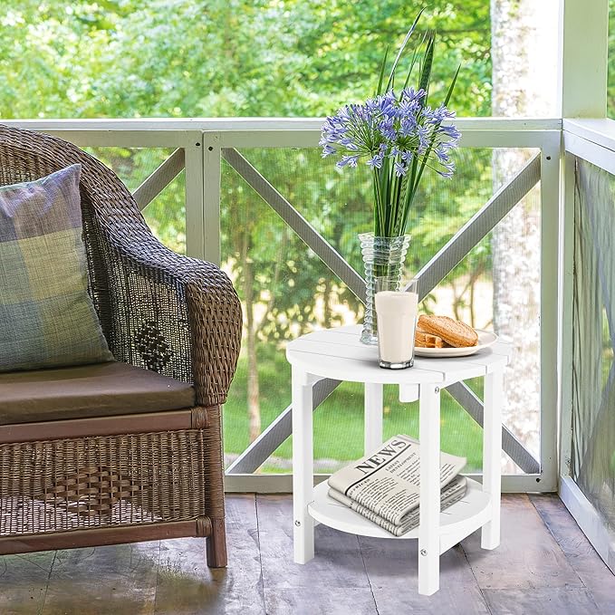 LZRS Round Adirondack Side Table Double End Table, Outdoor Side Tables for Patio, Backyard,Pool, Indoor Companion, Easy Maintenance & Weather Resistant(White)