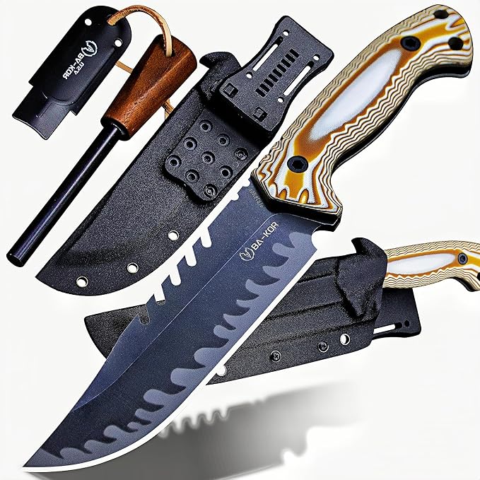 BA-KOR 12.4in Full Tang Fixed Blade Hunting Knife โ 6mm 9CR18MoV Steel, G10 Handle, Stonewashed Sawback Blade with Kydex Sheath & Fire Starter for Outdoor, Camping, Survival (White and brown stripes)