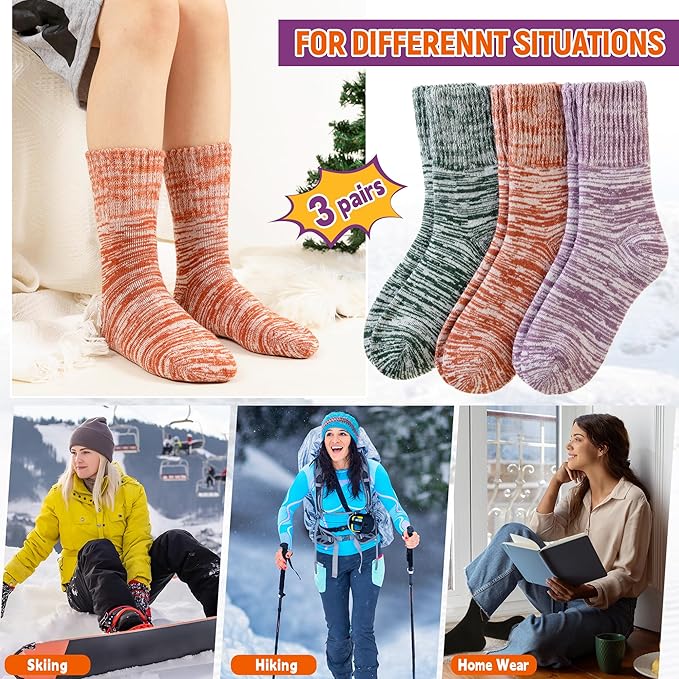 Women Heated Socks Ski Winter Thermal Hiking Snowboarding Thick Boot Insulated Socks 3 Pairs