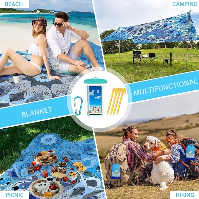 BYDOLL Beach Blanket Waterproof Sandproof 78''ร81'' Suits1-4 Adults Compact Lightweight Oversized Sand-Free Blanket Large Picnic Mat for Beach Travel Camping Hiking