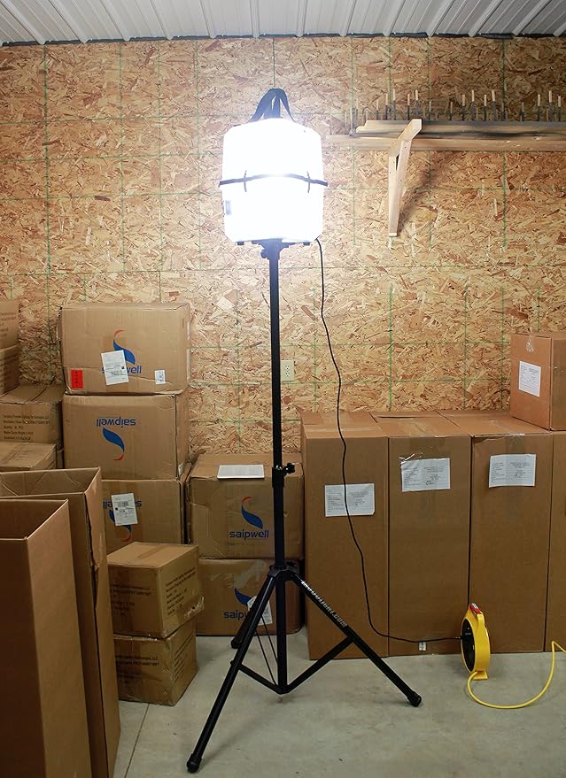 Portable LED Work Light 20,000 Lumens, Professional Lighting Dispersed in 360 Degrees, Weather Resistant Durable Indoor Outdoor Use with Telescoping Tripod Stand