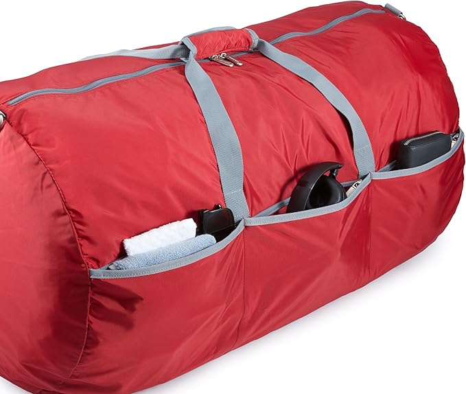 Amazon Essentials 32.4" Extra Large Foldable Nylon Duffel Bag for Travel/Storage with Zippered Pockets, 9254 Cubic Inch (150L), 50-LBS Capacity, Red (Previously Amazon Basics)