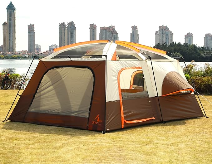 KTT Extra Large Tent 6-10-12-14 Person(A),Family Cabin Tents,2 Rooms,3 Doors and 3 Windows with Mesh,Straight Wall,Waterproof,Double Layer,Big Tent for Outdoor,Picnic,Camping,Family Gathering