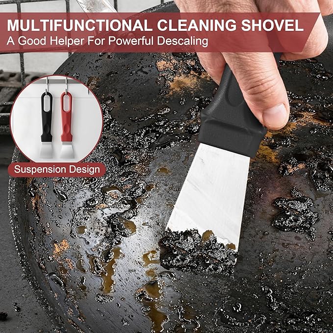 Griddle Scraper Set Includes A Wide Grill Scraper (Burger Scraper, Spatula Burger), 2 Stainless Steel Cleaning Scrapers and 3 Pan Scraper, Griddle Cleaning Kit for Blackstone.