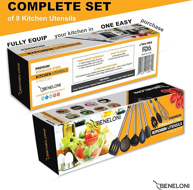 PREMIUM Silicone Kitchen Serving Utensil Set - Stainless Steel Metal and Black Utensils Including Tongs Spoons Spatula Ladle Whisk and Frosting Spatula Professional Nonstick Safe Modern Cooking Tools