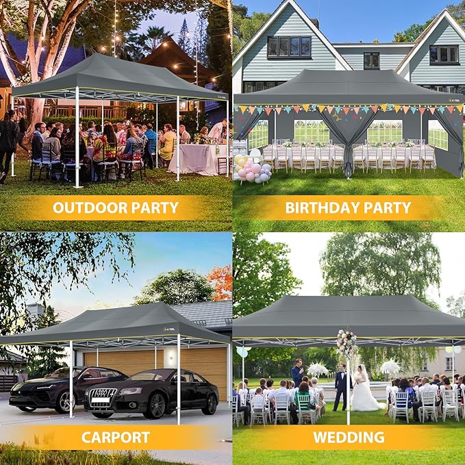 HOTEEL 13x26 Pop up Canopy Tent for Parties, Heavy Duty Easy Setup Tent with 6 Sidewalls, Outdoor Commercial Instant Gazebo for Wedding Event, with Roller Bag & Sand Bags, Grey(Hexagonal Frame)