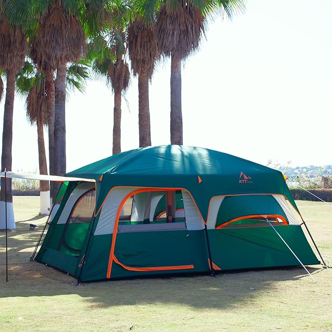 KTT Extra Large Tent 6-10-12-14 Person(A),Family Cabin Tents,2 Rooms,3 Doors and 3 Windows with Mesh,Straight Wall,Waterproof,Double Layer,Big Tent for Outdoor,Picnic,Camping,Family Gathering