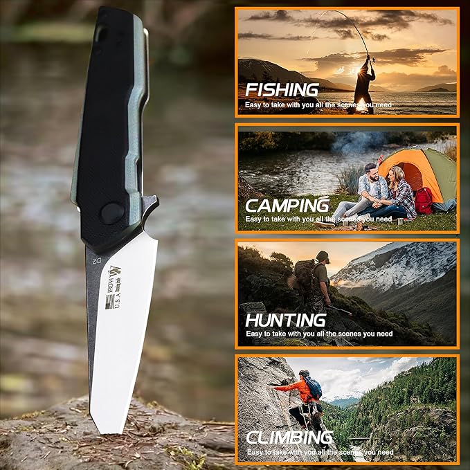 7.8in Folding Pocket Knife with D2 Steel Blade, G10 Handle, Ball Bearing Pivot, Stonewashed Finish – Outdoor EDC Utility Tool for Camping, Hiking, Survival Use(G10 - Black/Onyx Color)