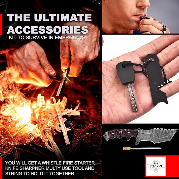 KIMPE 10.5’’ Damascus Hunting Knife with Leather Sheath-Fixed Blade EDC Knife-Bushcraft Knives-Wood Handle-Best Camping & Survival Knives-Knives for Men. (Micarta Red & Black)