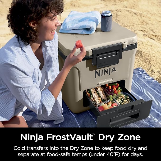 Ninja | Cooler | FrostVault 30QT Cooler with Wheels | Insulated with Temp Dry Storage Drawer | Keeps Ice Cold for Days | for The Beach, Camping, Picnics & More | Birch Beige | FB230CS