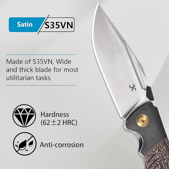 KANSEPT Hinterland Pocket Folding Knives for Men EDC Camping Folding Knife 3.58'' Satin CPM S35VN Blade Pocket Knife with Blackwash Titanium + Copper Carbon Fiber Inlay Handle Everyday Carry K1057A4