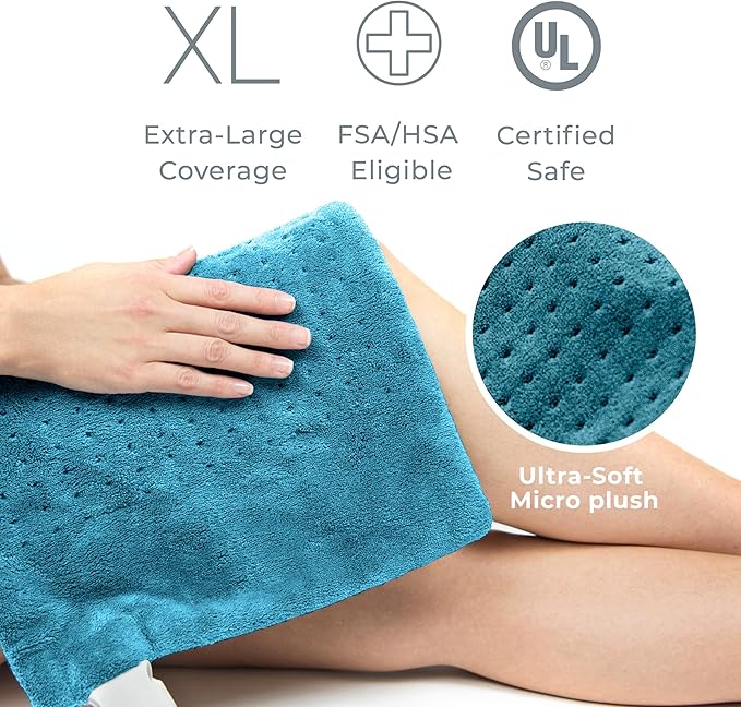 Pure Enrichment® PureRelief XL Heating Pad - 12" x 24" Electric Heating Pad for Back Pain & Cramps, 6 Heat Settings, Soft Machine Wash Fabric, Auto-Off & Moist Heat (Blue)
