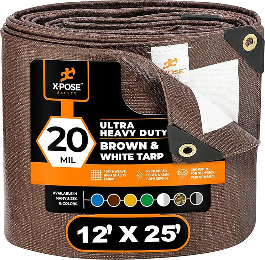12' x 25' Brown/White Ultra Heavy Duty Tarp - 20 Mil Waterproof Cover With UV Protection, Reinforced Corners for Rain, Camping, Tent - Extra Large Outdoor Tarp