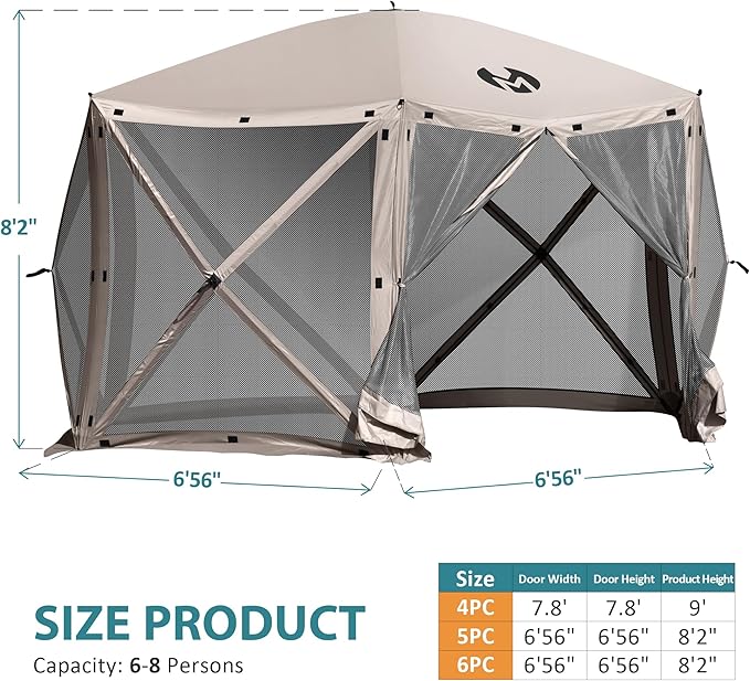 Exacme Portable Gazebo Pop up Tent for Camping, Outdoor Four Sides Pop-up Clam Screen Tent with Canopy Shelter, 1024 (6PC, Light Brown)