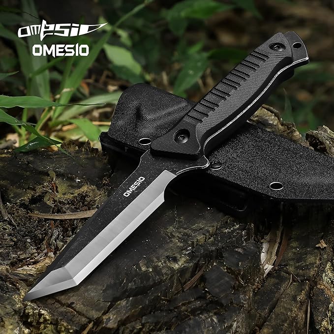 Omesio Tanto Fixed Blade Knife with Kydex Sheath, Outdoor Survival Knife, Tactical Knife Full Tang 420 Stonewashed Steel G10 Handle, Camping Hiking Gifts for Men (Black)