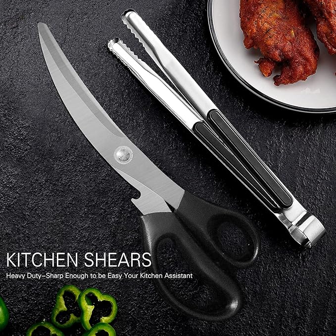 Kitchen Scissors. Korean Barbecue Scissors and Tongs Set, Kitchen Shears and Tongs for Cutting Meat, Chicken, Vegetables, Stainless Steel Multipurpose Non-slip Serrated Sharp BBQ Scissors BBQ Tongs