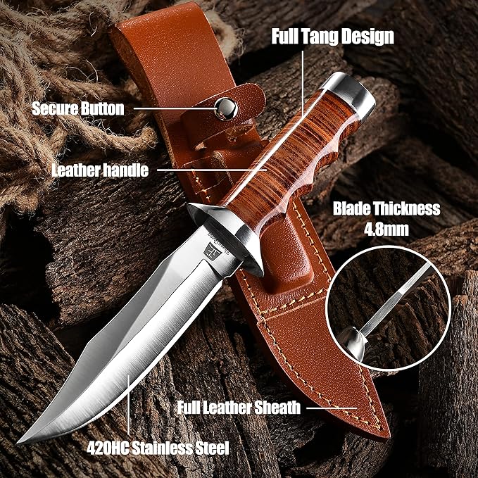 5.8" Fixed Blade Hunting Knife- Genuine Leather Handle Bowie Knives with Sheath Straight Edge for Camping, Hiking, Survival
