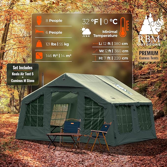 Coody | Rbm Outdoors Koala/Hub/Octopus Inflatable Tents for Camping with Stove Jack, 2/8/10 Person Luxury Canvas Blow Up Tent, 2 Room, Easy Setup Casa de Campaña, Large Inflatable House with Pump