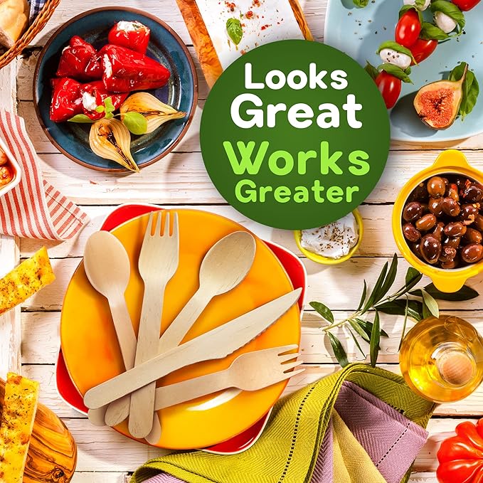 Disposable Wooden Cutlery Set - 300 Count (100 Forks, 100 Knives, 100 Spoons) – Plastic-free Packaging - Biodegradable Silverware and Splinter-free Compostable Utensils for Parties