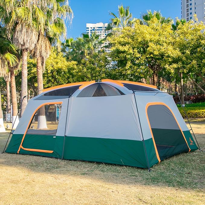 KTT Extra Large Tent 6-10-12-14 Person(A),Family Cabin Tents,2 Rooms,3 Doors and 3 Windows with Mesh,Straight Wall,Waterproof,Double Layer,Big Tent for Outdoor,Picnic,Camping,Family Gathering
