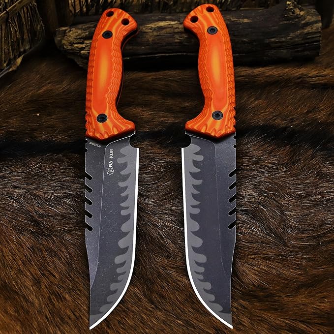 BA-KOR 12.4in Full Tang Fixed Blade Hunting Knife โ 6mm 9CR18MoV Steel, G10 Handle, Stonewashed Sawback Blade with Kydex Sheath & Fire Starter for Outdoor, Camping, Survival (Orange with light yellow stripes)