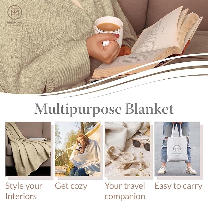 Threadmill Luxury Cotton Blankets for Queen Size Bed | All-Season 100% Cotton Queen Size Blanket | Herringbone Cozy, Soft Breathable Fall Thermal Blanket fits Full Size Bed, 90x92 | Beige