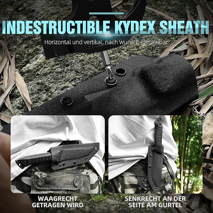 Omesio Tanto Fixed Blade Knife with Kydex Sheath, Outdoor Survival Knife, Tactical Knife Full Tang 420 Stonewashed Steel G10 Handle, Camping Hiking Gifts for Men (Black)