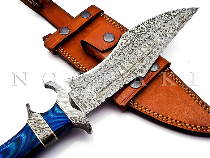 NOORAKI - 15″ Damascus Bowie Knife with Sheath | Hand Made Hunting Knife - Fixed Blade Long Bowie Knives - Ideal for Survival ,Chopping, Camping, Outdoor Gift for Men |Tactical Knife Wood Handle (Blue)