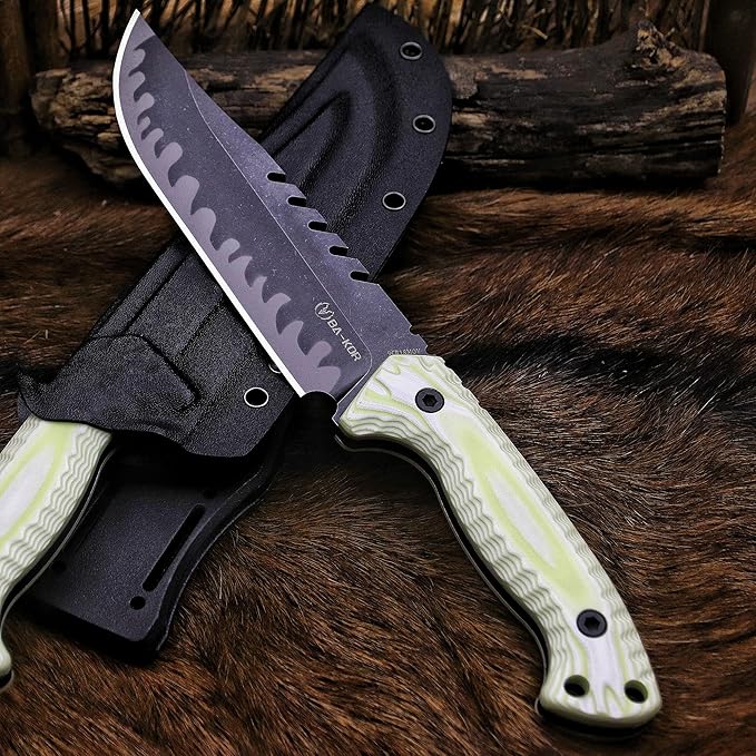 BA-KOR 12.4in Full Tang Fixed Blade Hunting Knife โ 6mm 9CR18MoV Steel, G10 Handle, Stonewashed Sawback Blade with Kydex Sheath & Fire Starter for Outdoor, Camping, Survival (White with light green stripes)