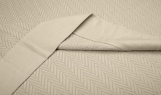 Threadmill Luxury Cotton Blankets for Twin Size Bed | All-Season 100% Cotton Twin Blanket for Bed | Herringbone, Soft & Cozy Fall Thermal Blanket, 350GSM, 68x92 inches | Beige