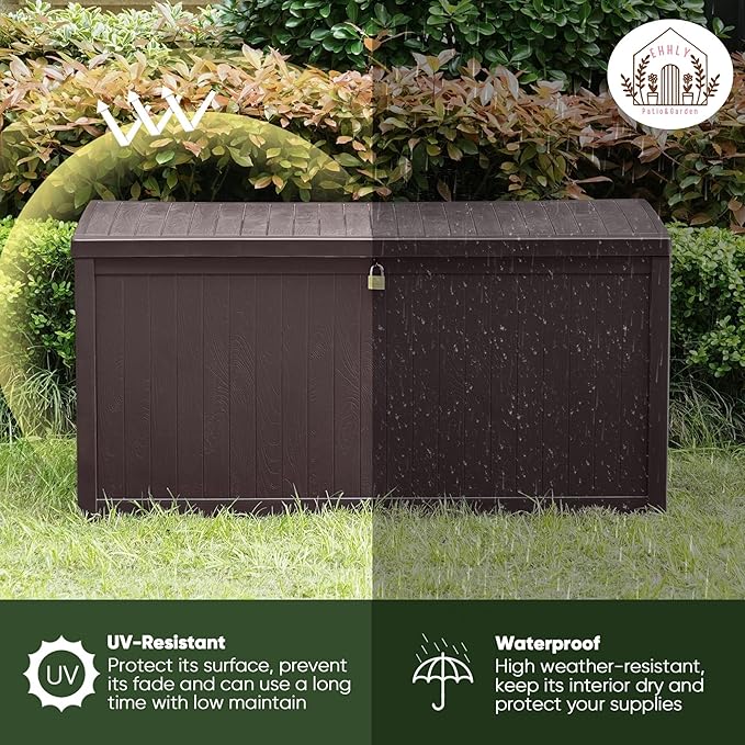 120 Gallon Outdoor Storage Box Large, Lockable Outside Containers Waterproof Patio Cushions Storage Deck Boxes, Plastic Garden Hose Boxes Resin Pool Storage Bins, Brown