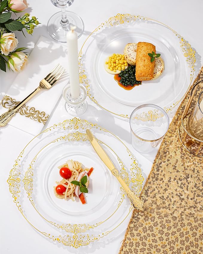 Nervure 175PCS Clear Gold Plastic Plates - Disposable Gold Party Plates & Pre Rolled Napkins with Cutlery for 25 Guests, 50Plates, 75Silverware, 25Cups, 25Napkin for Wedding & Party & Thanksgiving