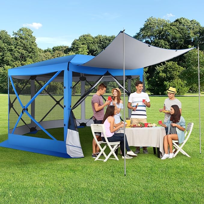 COBIZI 12x12 Pop up Gazebo Screen House Tent for Camping, Outdoor Canopy with Removable Roof & Mosquito Netting, Portable Hub with Carrying Bag and Ground Stakes, Blue