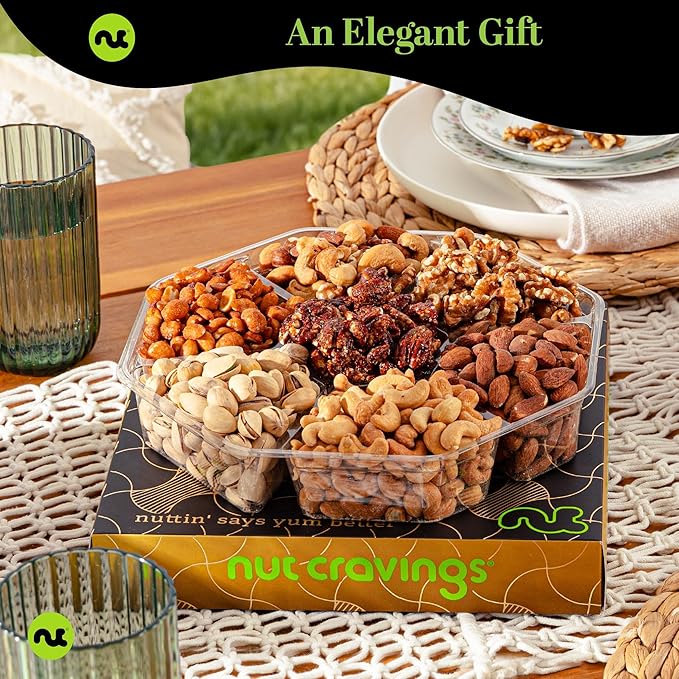 NUT CRAVINGS - Diwali Sweets Hamper Mixed Nuts Gift Basket in Black Gold Box (7 Assortments, 1 LB) Food Arrangement, Healthy Snack Care Package, Food Assortments