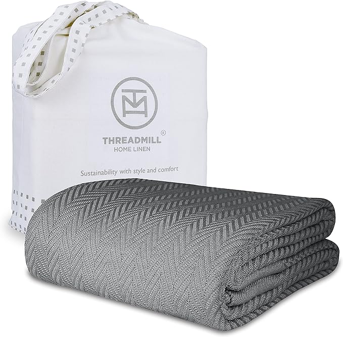 Threadmill Luxury Cotton Blankets for Twin Size Bed | All-Season 100% Cotton Twin Blanket for Bed | Herringbone Soft & Cozy Fall Thermal Blanket, 350GSM, 68x92 inches | Dark Grey