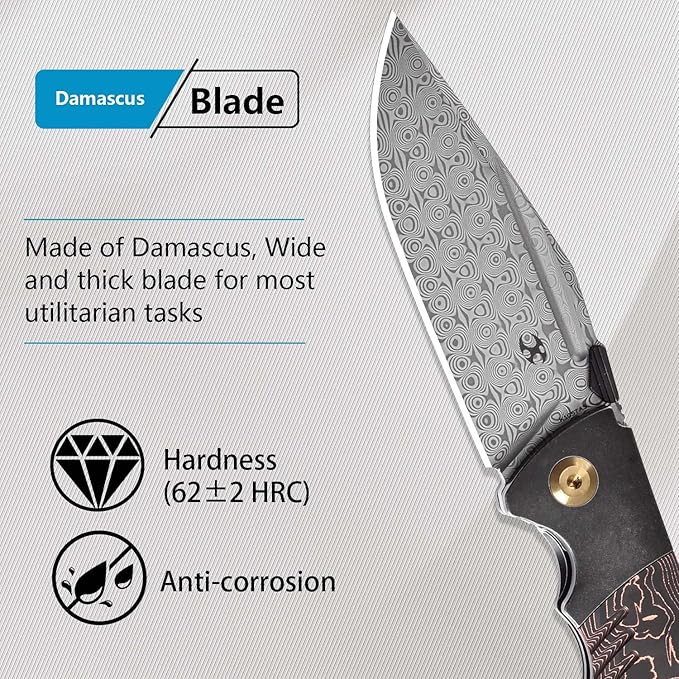 KANSEPT Hinterland Pocket Folding Knives for Men EDC Camping Folding Knife 3.58'' Damascus Blade Pocket Knife with Blackwash Titanium + Copper Carbon Fiber Handle Everyday Carry K1057A3