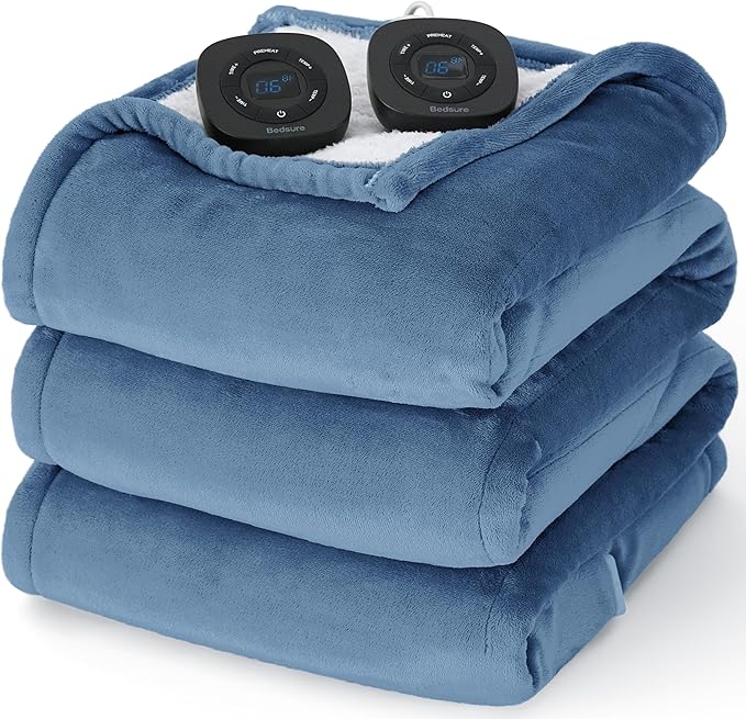 Bedsure Electric Blanket Queen Size - Dual Control Heated Blanket Queen, Fast Heating with 10 Time Settings & 10 Heat Settings, Warm Gift for Grandma (84x90 inches, Blue)