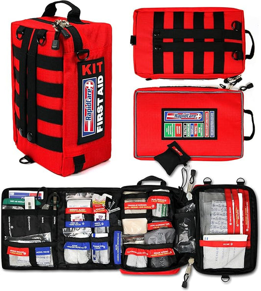 Rapid Care First Aid Kit – 300+ Piece Emergency Medical Kit with Bonus 95-Piece Travel Pack – Outdoor, Workplace, and Home Use – Color Coded & Labeled for Quick Access