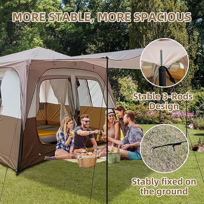 8 Person Instant Cabin Tents, Large Waterproof Tents for Camping, Family Tent Include Pre Installed Pole for Easy Installation, Storage Bag, Rainfly, 2 Mesh Door, Big Tent for Picnic, Hiking Party