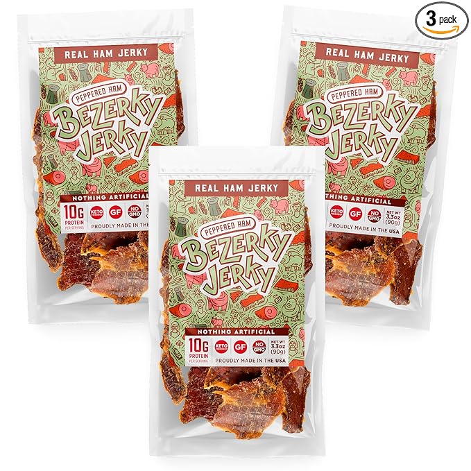 All Natural Real Ham Jerky | Peppered Ham | Small Batch Handcrafted | Old Fashioned | Low Fat High Protein | Gluten-Free | Non-GMO | Small Batch Handcrafted | Healthy Snack | Bezerky Jerky | Pack of 3