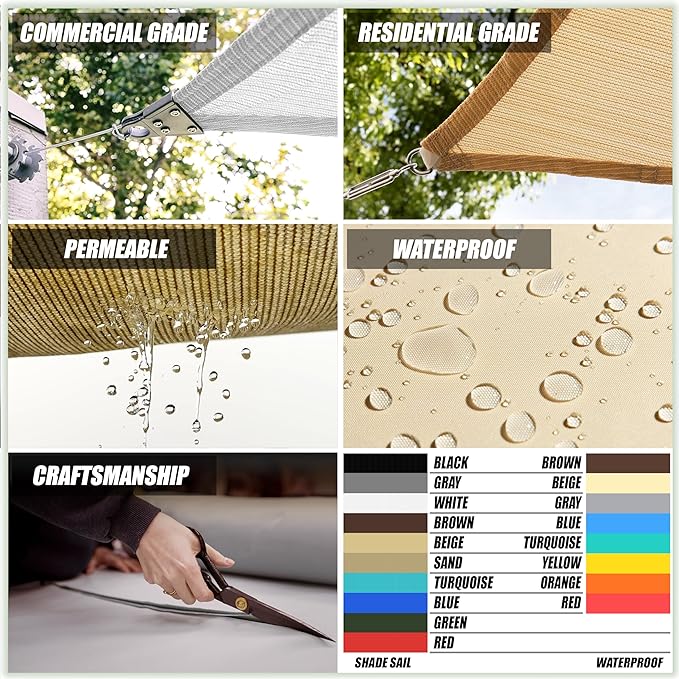 ColourTree Super Ring 11' x 17' x 20.2' Beige Right Triangle Customized Size Sun Shade Sail,Commercial Grade Canopy, Reinforced Corners & Edges, 260 GSM Fabric Heavy Duty -3 Years Warranty