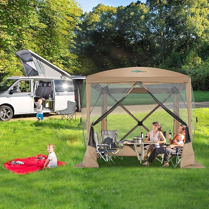 COBIZI 6x6 Pop up Gazebo Tent, Ez up Waterproof Screen Tent Screen House, Portable Outdoor Canopy Sun Shelter with Carry Bag & Ground Stakes for Camping, Garden and Picnics, Khaki(Upgraded 2.0)