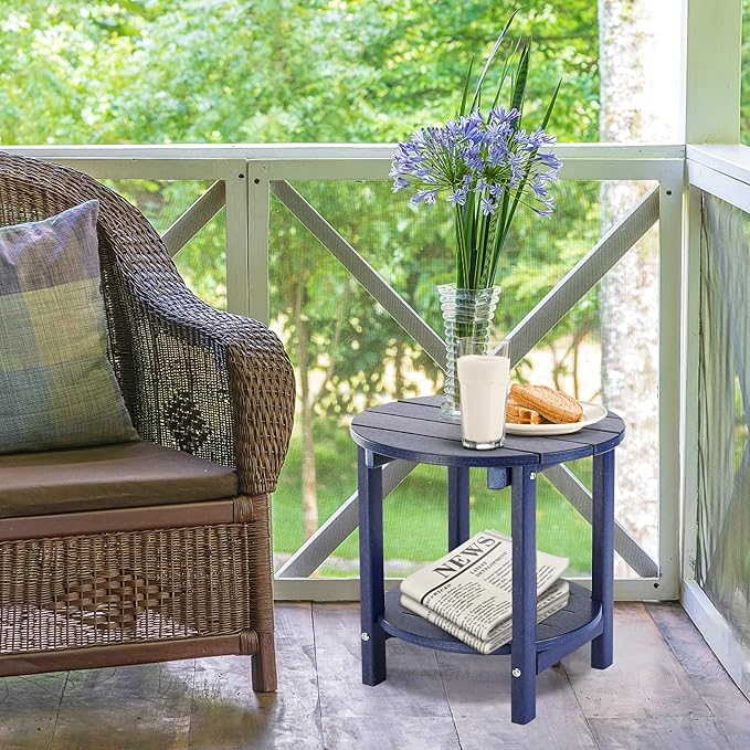 LZRS Round Adirondack Side Table Double End Table, Outdoor Side Tables for Patio, Backyard,Pool, Indoor Companion, Easy Maintenance & Weather Resistant(Navy Blue)
