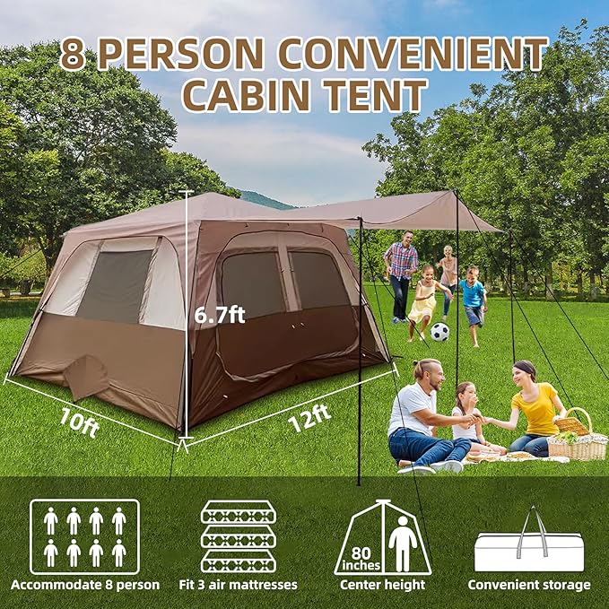 8 Person Instant Cabin Tents, Large Waterproof Tents for Camping, Family Tent Include Pre Installed Pole for Easy Installation, Storage Bag, Rainfly, 2 Mesh Door, Big Tent for Picnic, Hiking Party