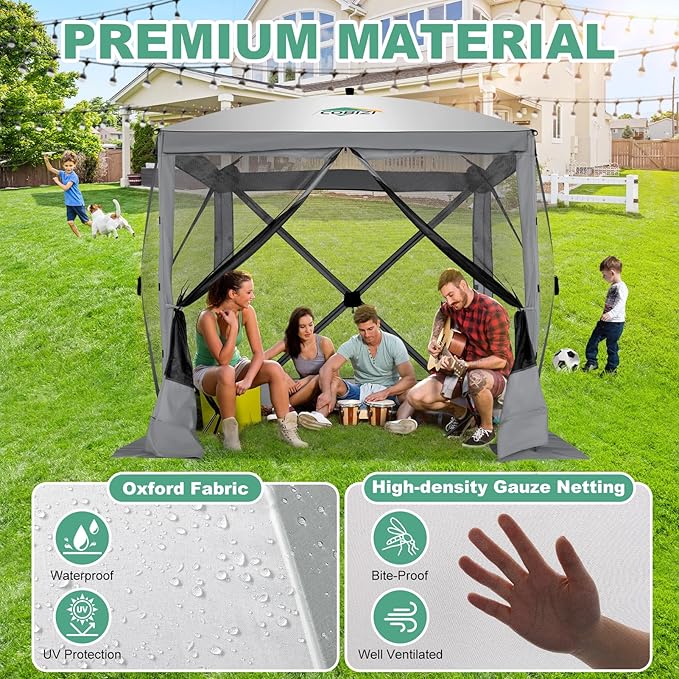 COBIZI 6x6 Pop up Gazebo Tent, Ez up Waterproof Screen Tent Screen House, Portable Outdoor Canopy Sun Shelter with Carry Bag & Ground Stakes for Camping, Garden and Picnics, Gray(Upgraded 2.0)