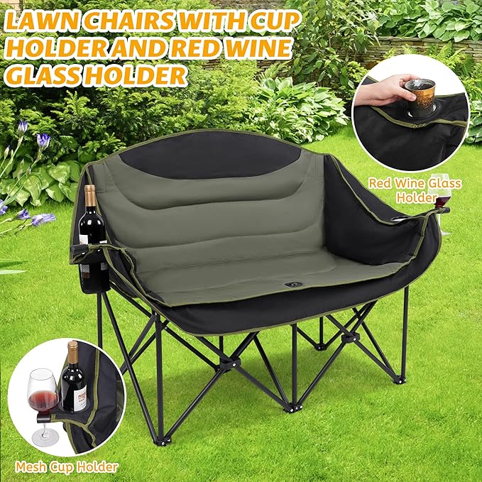 UBALANCE Double Camping Chair - Oversized Two Person Camp Chair with 650 lb. Load Capacity - Army Green - Ideal Camping Gear for Outdoor Adventures