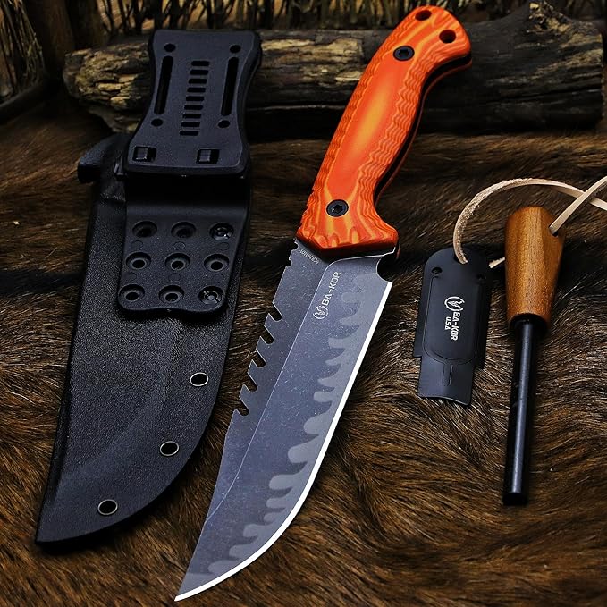 BA-KOR 12.4in Full Tang Fixed Blade Hunting Knife โ 6mm 9CR18MoV Steel, G10 Handle, Stonewashed Sawback Blade with Kydex Sheath & Fire Starter for Outdoor, Camping, Survival (Orange with light yellow stripes)