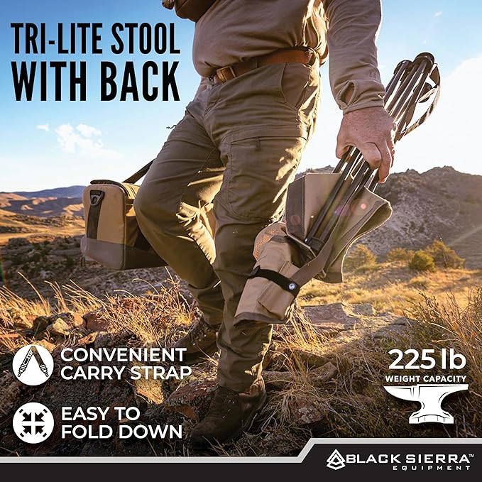 Black Sierra XL Tripod Hunting Stool w/Backrest, Lightweight Portable Fishing Chair w/Cupholder and Carry Strap, Supports 225 Lbs, Portable Outdoor Chair for Hunting, Camping, Travel, Hiking