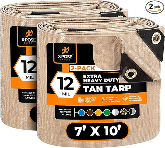Heavy Duty Tan Poly Tarp 7' X 10' (2-Pack) - Multipurpose Protective Cover - Durable, Waterproof, Weather Proof, Rip and Tear Resistant - Extra Thick 12 Mil Polyethylene - by Xpose Safety