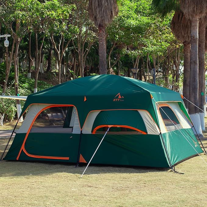 KTT Extra Large Tent 6-10-12-14 Person(A),Family Cabin Tents,2 Rooms,3 Doors and 3 Windows with Mesh,Straight Wall,Waterproof,Double Layer,Big Tent for Outdoor,Picnic,Camping,Family Gathering